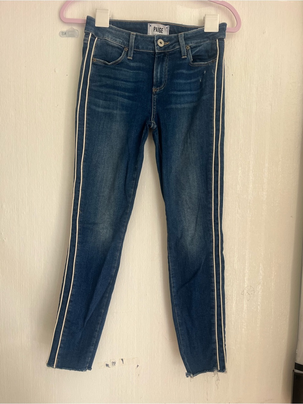 PAIGE Dark Blue Skinny Jeans with White Side Stripes
